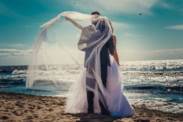 Happy newlyweds on beach — Stock Photo, Image