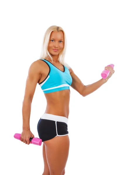 Sporty blond woman with dumbbells — Stock Photo, Image