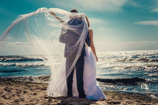 Felices recién casados en una playa — Foto de Stock