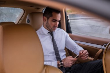 İşadamı ile smartphone arabada.