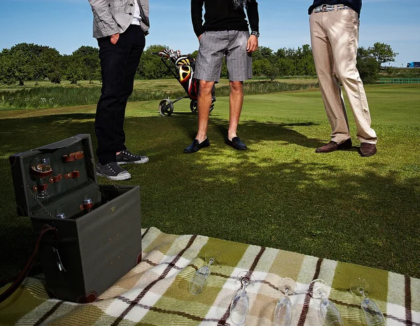 Tre män på picknick — Stockfoto