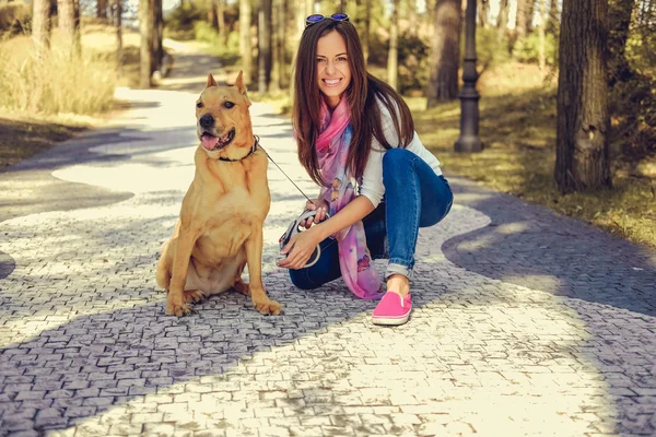 Morena mujer con marrón perro —  Fotos de Stock