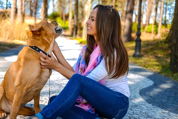 Morena mujer con marrón perro —  Fotos de Stock