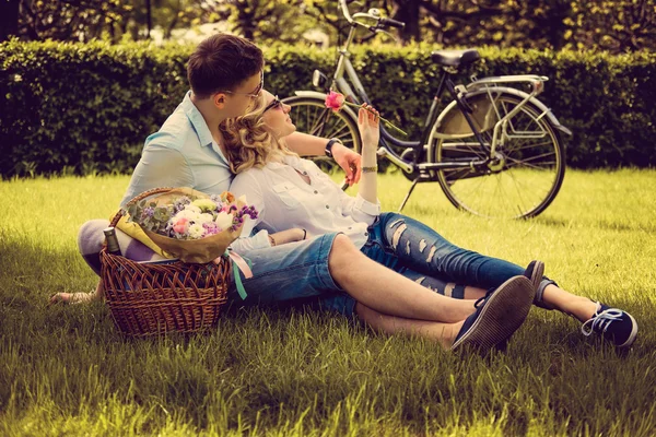 Volwassen paar op picknick in een park — Stockfoto