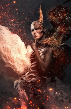 Şeytan kadın boynuz bir yangında ile