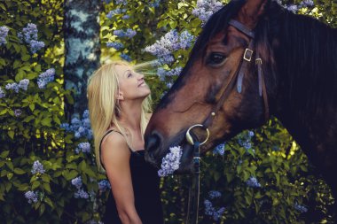 Sarışın kadın ile at poz.
