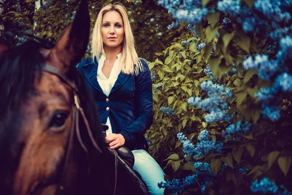 Blond female sitting on horse back. — Stock Photo, Image