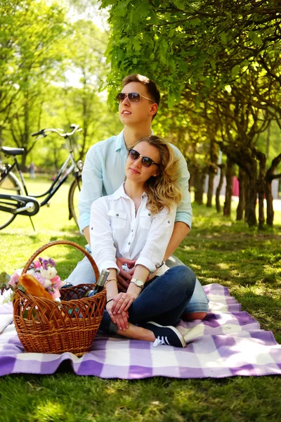 Bir parkta piknik üzerinde çift.