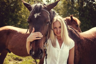 Erkek kahverengi at ile poz 