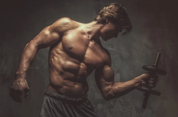 Sporty shirtless male with dumbbell — Stock Photo, Image