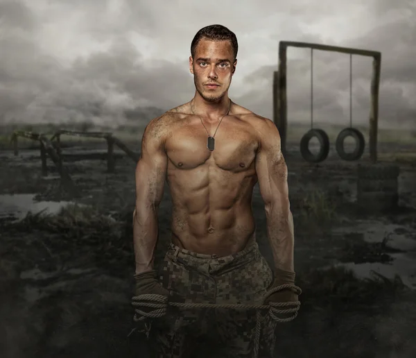 Shirtless muscular soldier — Stock Photo, Image