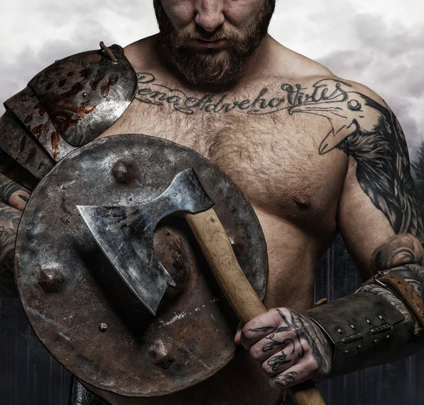 Muž s viking štít a sekera — Stock fotografie
