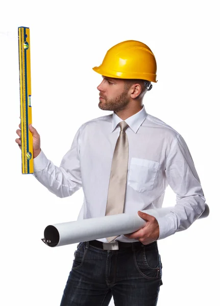 Mężczyzna robotnik w żółty kask — Zdjęcie stockowe