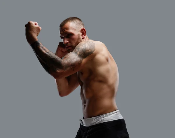 Aggressiivinen tatuoitu taistelija — kuvapankkivalokuva