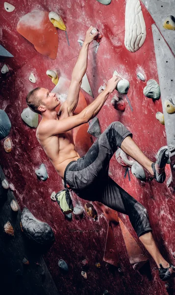 Escalada masculina en un muro de escalada interior — Foto de Stock