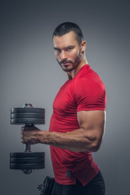 Kaslı erkek dumbbells tutar