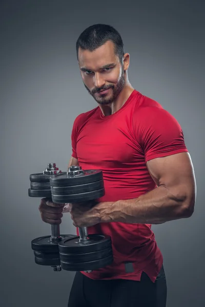 Male in a red t shirt holds dumbbells — Stock Photo, Image