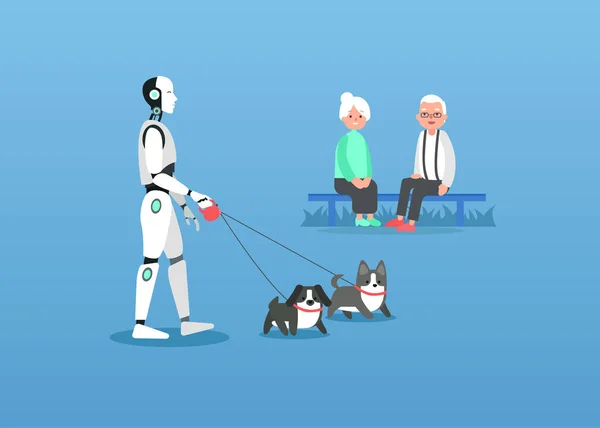 Pensionistas de assistência ciborgue inteligentes com cães ambulantes —  Vetores de Stock