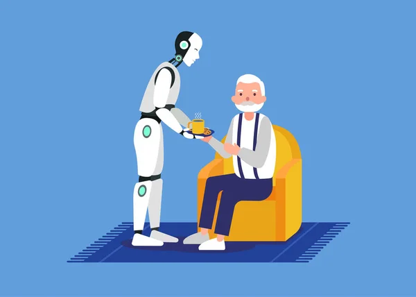 Cyborg φέρνει φλιτζάνι τσάι για τον παππού κάθεται στην καρέκλα — Διανυσματικό Αρχείο