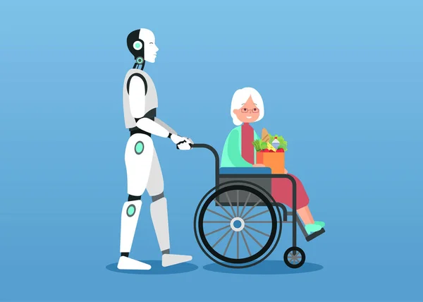 Το ρομπότ νοιάζεται για τη γιαγιά. Κάθεται σε αναπηρικό καροτσάκι. — Διανυσματικό Αρχείο