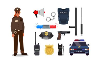 Personal basic gear of female officer in white background clipart