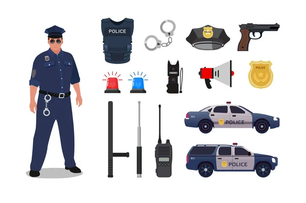 Personal basic gear of male officer in white background — Stock Vector