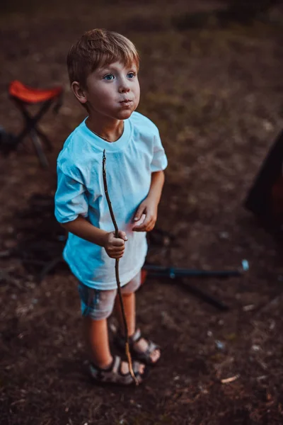 Menino feliz comendo marshmallow na floresta de verão — Fotografia de Stock