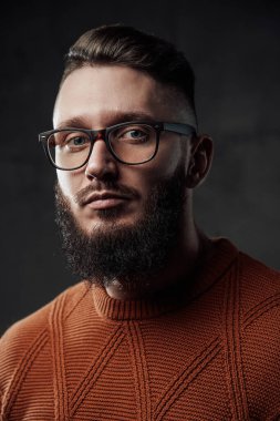 Gözlüklü ve gözlüklü, esmer bir hippi gibi poz veriyor.