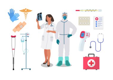 Üniformalı bir doktor ve tıbbi unsurların etrafında hemşire.