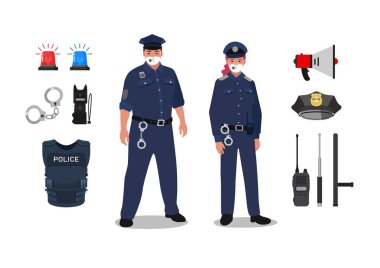 Beyaz arka plandaki kadın ve erkek memurların temel ekipmanları.