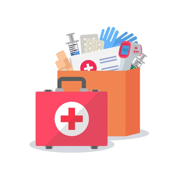 Medical bag and box filled with some medical stuffs — Stock Vector