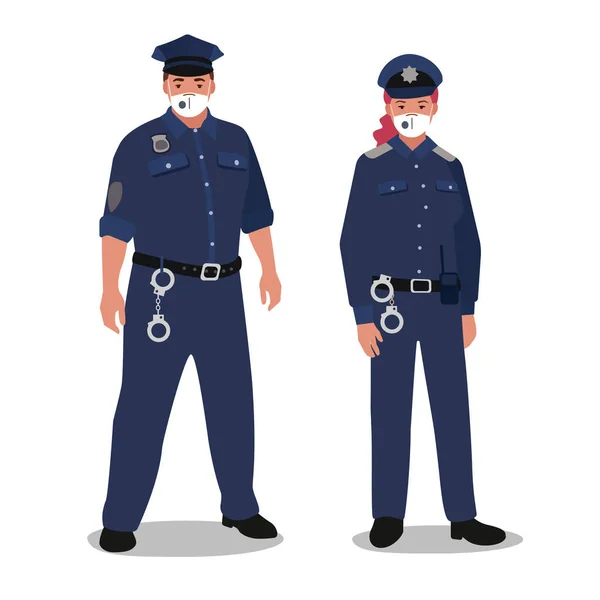 Mannelijke en vrouwelijke officieren gedragen met maskers — Stockvector