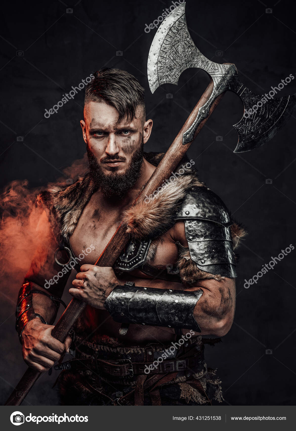 Medieval scandinavian barbarian with huge axe in foggy background Stock ...