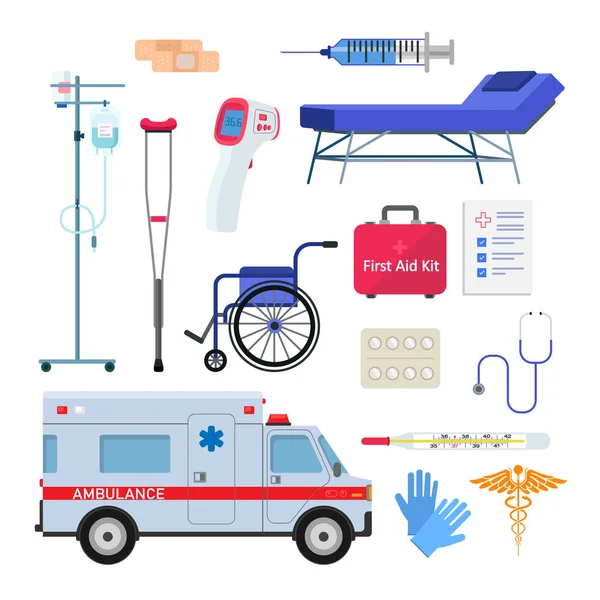 Basic medical stuffs and vehicle in white background — Stock Vector