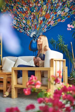 Bardaklı rahat bayan gezgin mavi duvarlı sandalyede oturuyor.