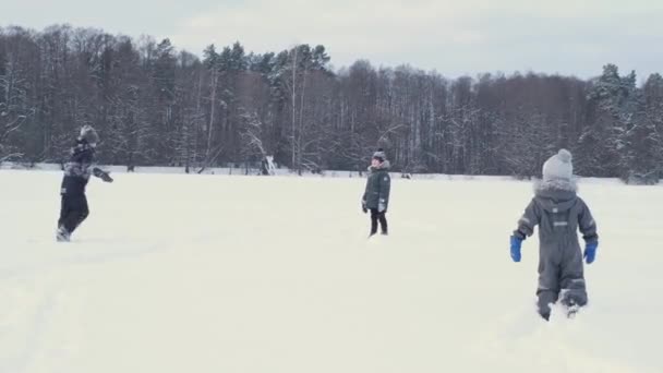 세 형제가 숲 속 호수에서 겨울에 눈덩이 놀이를 하는 모습 — 비디오