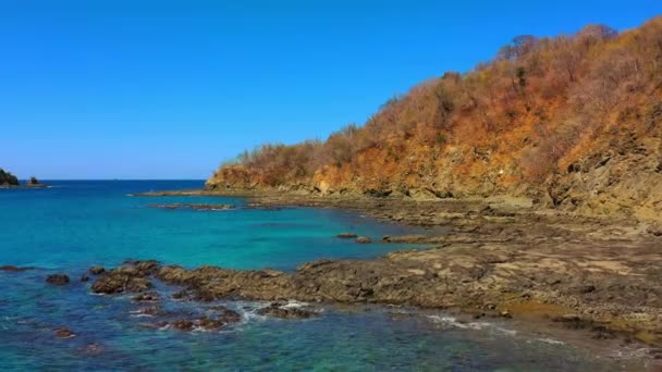 Drone panoramico di scogliere vulcaniche e rocce nel mare blu dei caraibi, spiaggia selvaggia — Video Stock