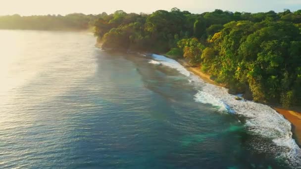 Drone flygning ovanför bryta svallvågor på Costa Rica tropics i solnedgången, höjdpunkter — Stockvideo