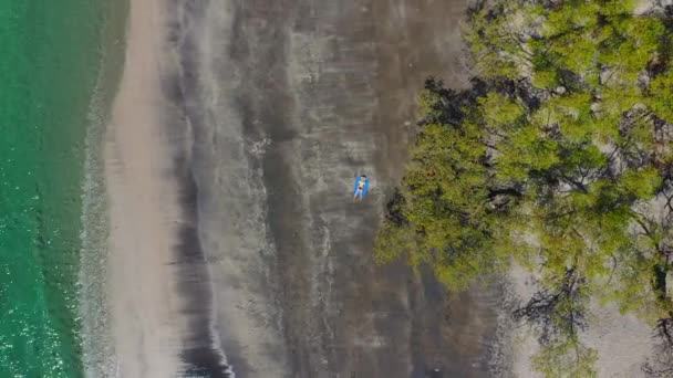 Veduta aerea da drone sulla spiaggia caraibica con donna appoggiata sulla sabbia — Video Stock