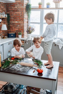 Üç küçük çocuktan oluşan bir grup mutfakta yemek yapmayı ve oynamayı öğreniyor.