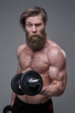 Yakışıklı vücut geliştirici elinde dambıllarla gri arka planda poz veriyor.