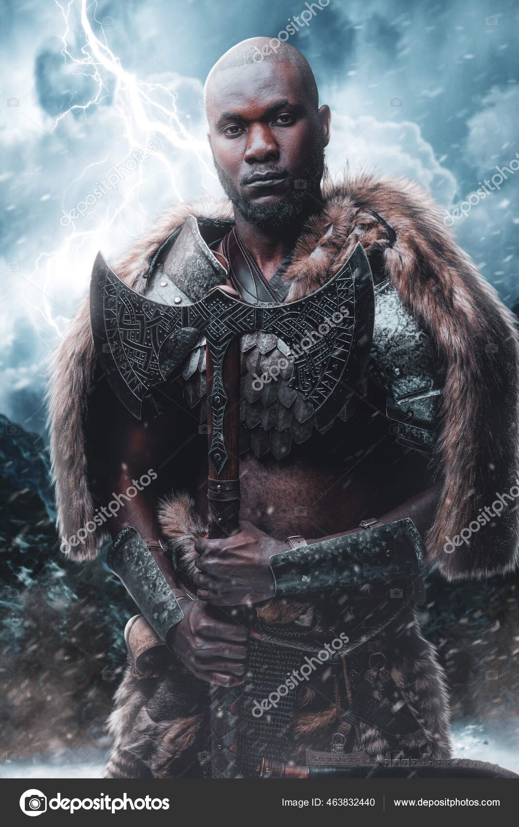 Proud Viking With Black Skin Holding His Axe In Stormy Mountains.