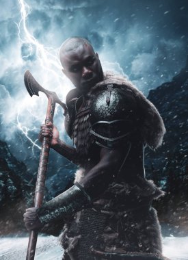 Digital art of a scandinavian black skinned warrior with axe in blizzard clipart