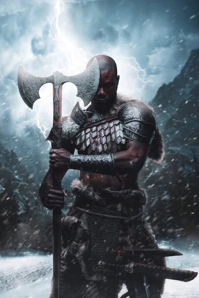 Mystic and barbaric african warrior holding an axe in snowstorm
