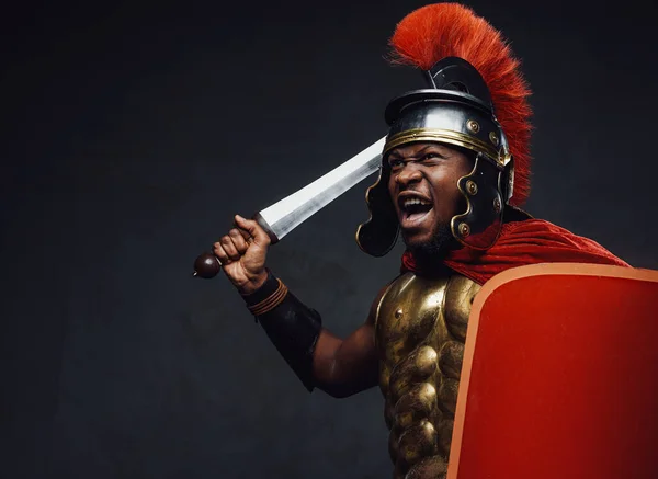 Soldado imperial gritando com escudo e espada — Fotografia de Stock