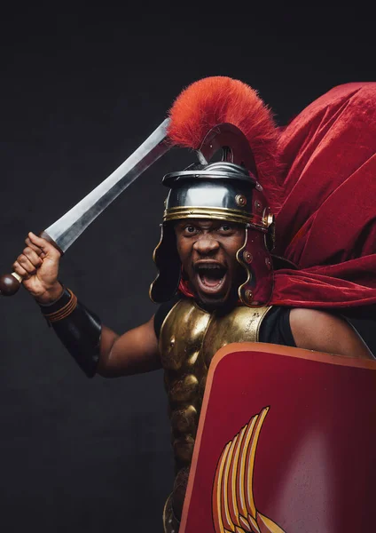 Proud roman warrior of african descent holding gladius — Stock Photo, Image