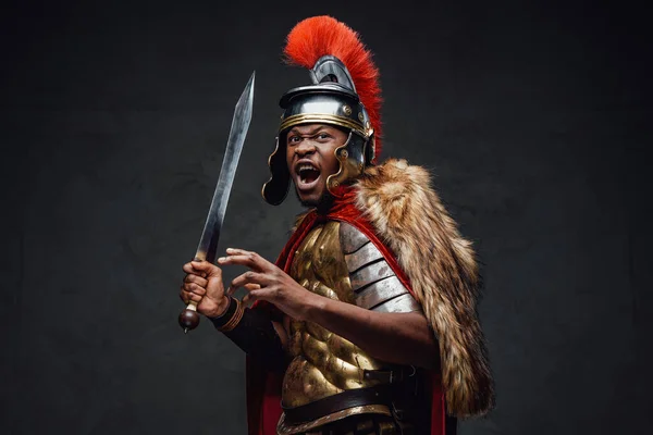 Furioso guerreiro romano com pele segurando espada — Fotografia de Stock