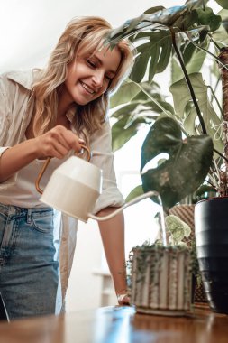 Rahat ve mutlu bir kadın dairede çiçekleri suluyor.