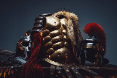 Antika bronz zırh ve gladyatörlü kasklar.