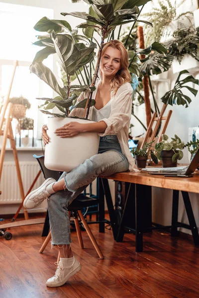 Positiv kvinnlig företagare förser sitt kontor med krukväxter — Stockfoto
